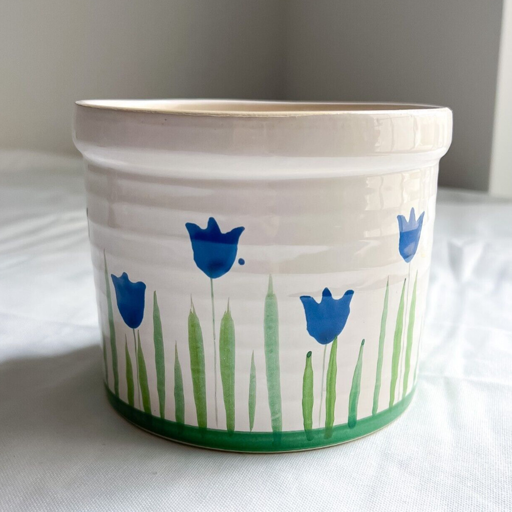 Vintage 5in Hand Painted Blue Flower Coil Pot Bowl Crock Cottagecore Floral